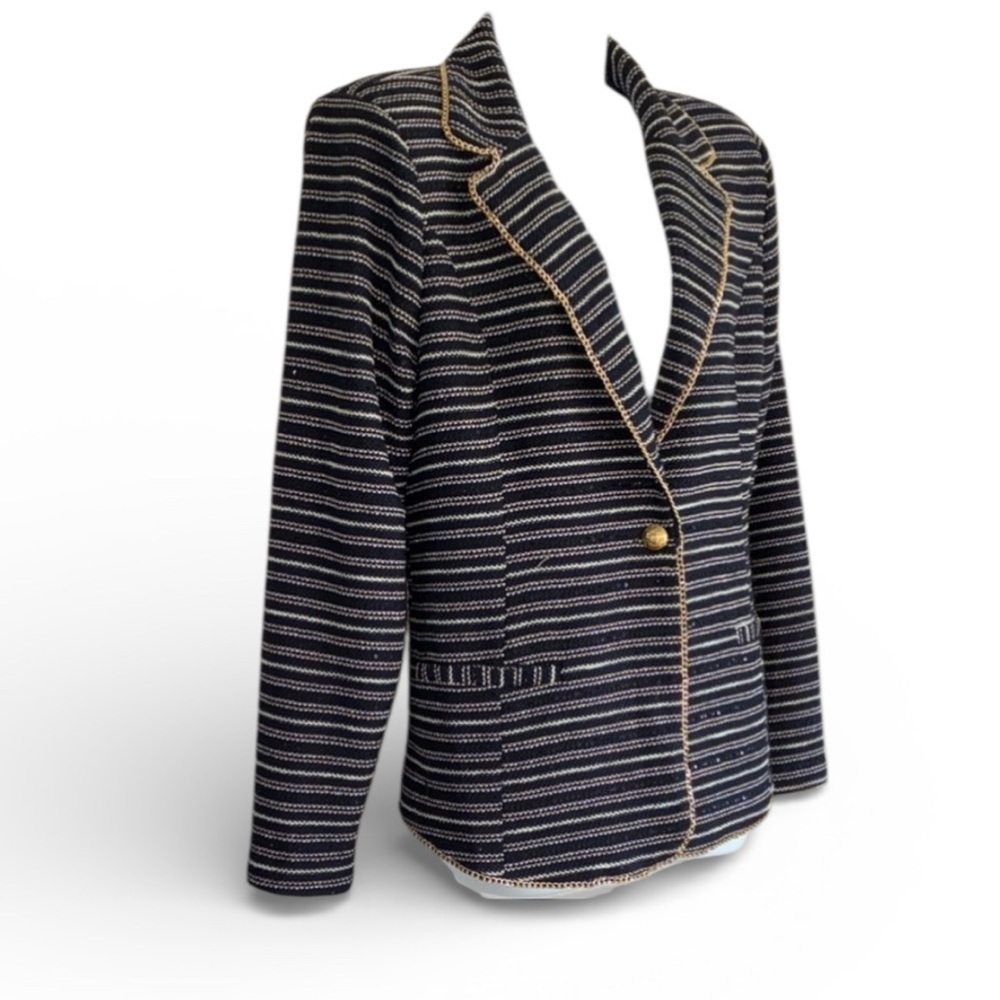 Cable & Gauge Blazer, Women's M, black, stripes, sequins, gold chain edges. EUC